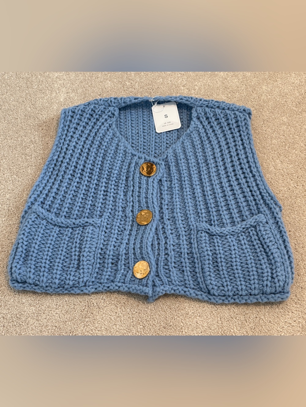 Classic Chunky Knit Blue Button-Front Sweater Vest